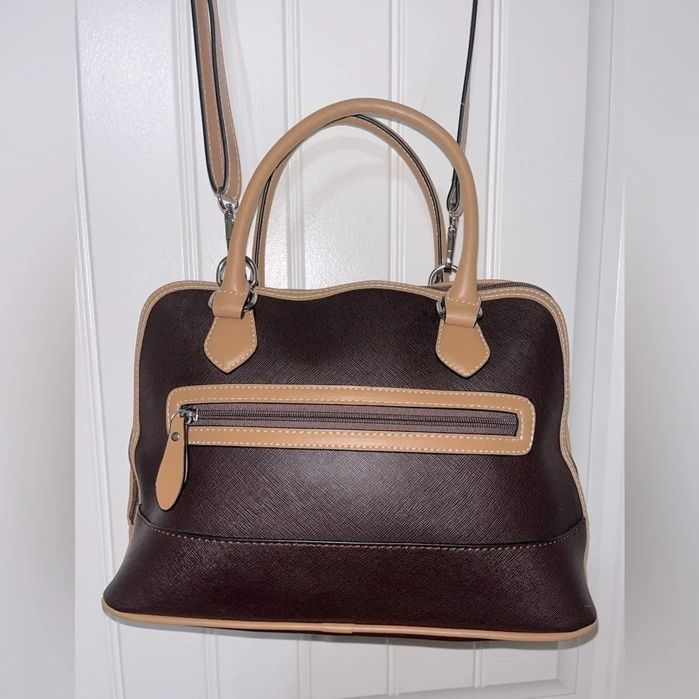 GIANI BERNINI Safiano Dome Satchel, Dark Brown and Tan, includes adjst. Strap - Picture 7 of 15